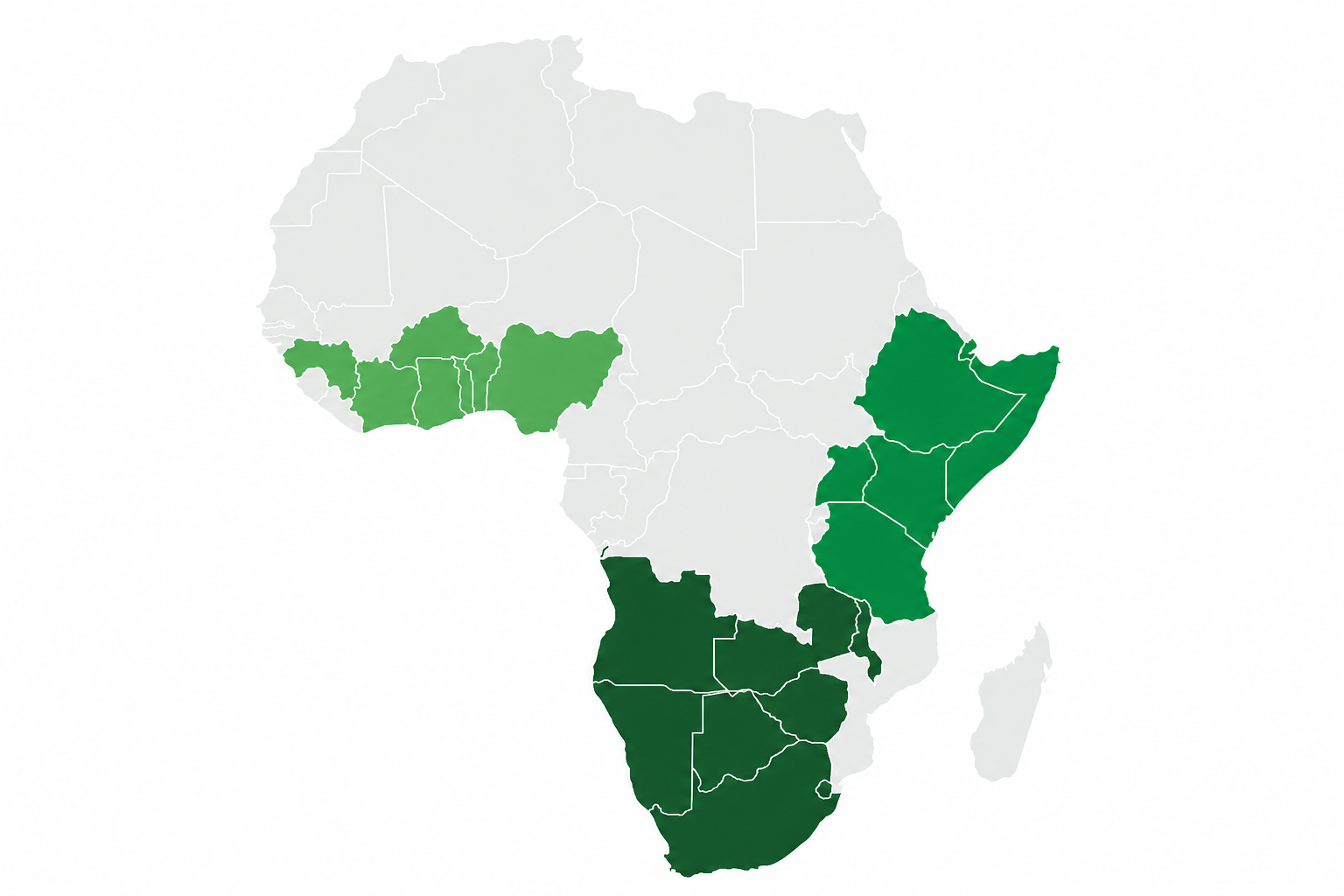 Map of Africa highlighting Audaz Afrik regional presence in East, West, and Southern Africa